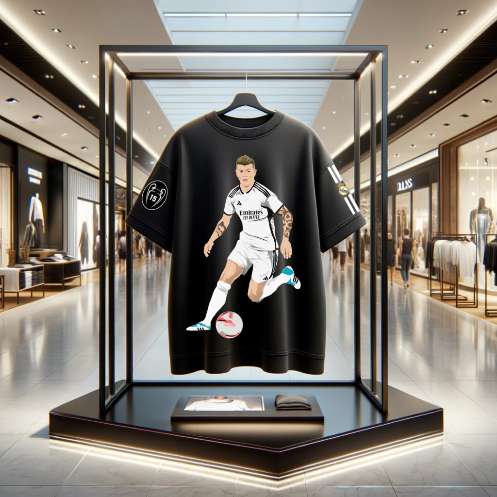 Front of Toni Kroos Real Madrid Jersey Oversized Cotton Black Printed Tshirt with 15 UCL Tag