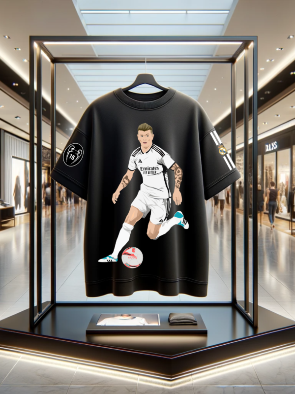 Front of Toni Kroos Real Madrid Jersey Oversized Cotton Black Printed Tshirt with 15 UCL Tag
