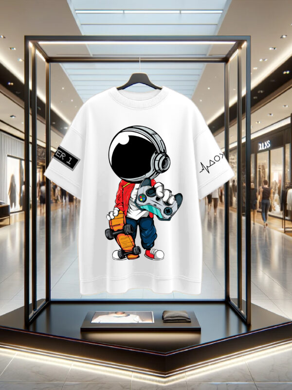Front of Astro Gamer Boy Oversized Printed White Cotton Cool Tshirt for Gamers