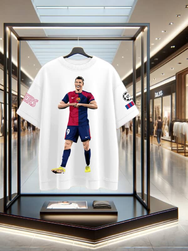 Front of Lewandowski Fc Barcelona Jersey Oversized Cotton White Printed Tshirt